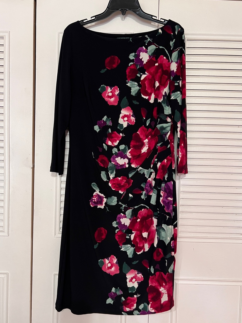 Ralph Lauren Black Long-Sleeve Floral Sheath Dress with Red and Pink Blooms